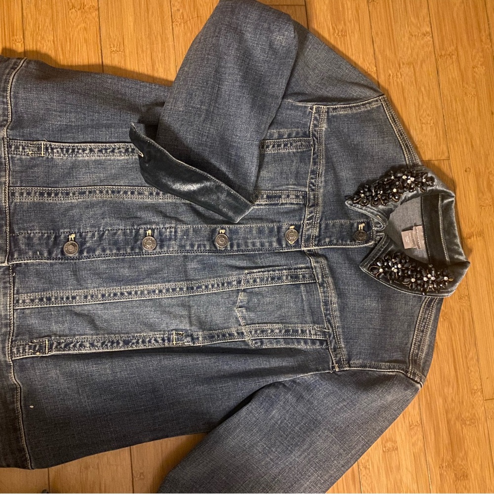 Chico's Blue Jean Jacket with Embellished Collar
